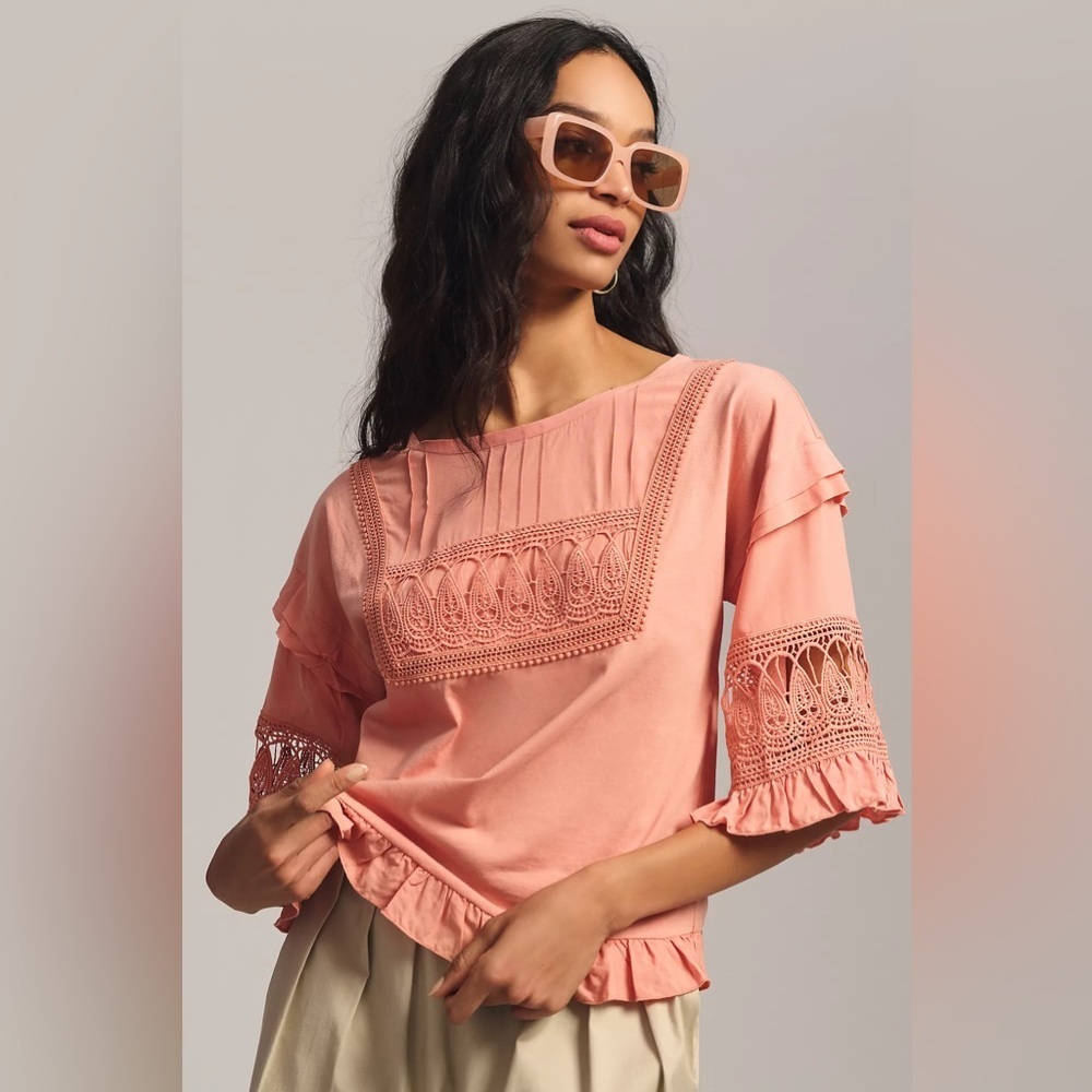 NWT Anthropologie Tiny Sonoma Ruffled Top XL Cotton Boho Crochet Detail New